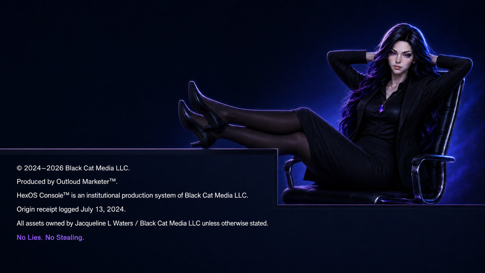 Outloud Marketer footer featuring Hex relaxing in an office chair with her feet on the desk beside Black Cat Media ownership and institutional information.