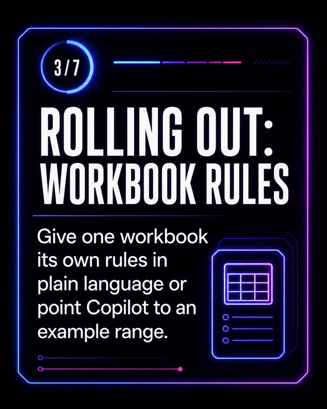 Neon violet OutloudMarketer carousel card explaining that workbook rules are rolling out and may require checking account availability.
