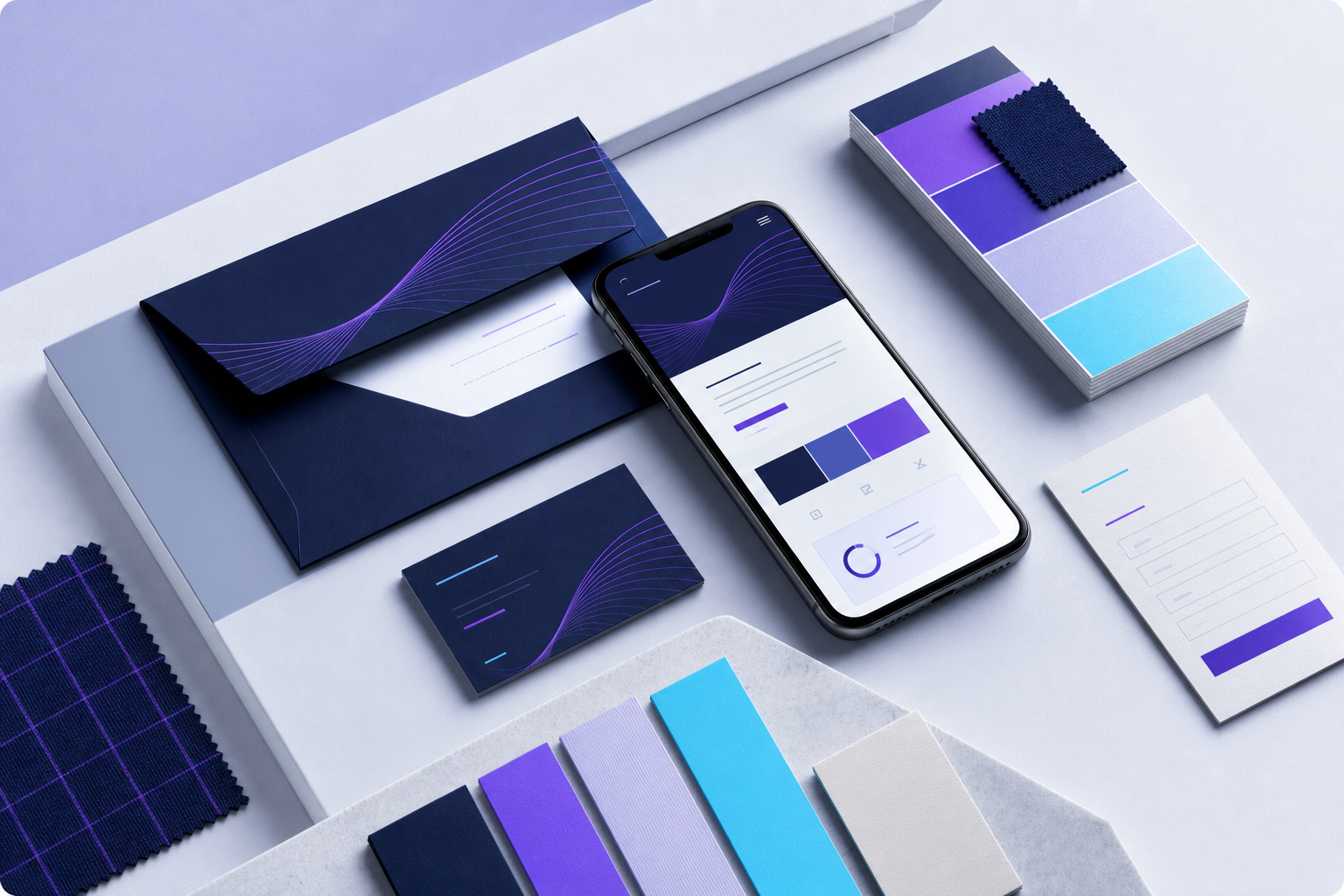A coordinated branding system with a matching domain card, email envelope, mobile website, contact form, and color swatches.