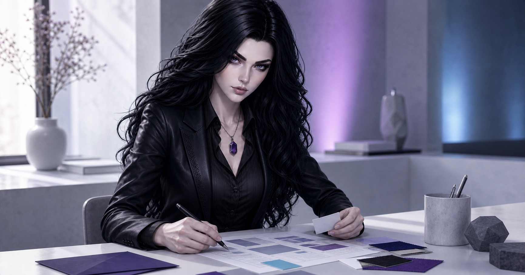 The earlier photoreal Kate sits at an editorial desk holding a blank card in a cool-white office.