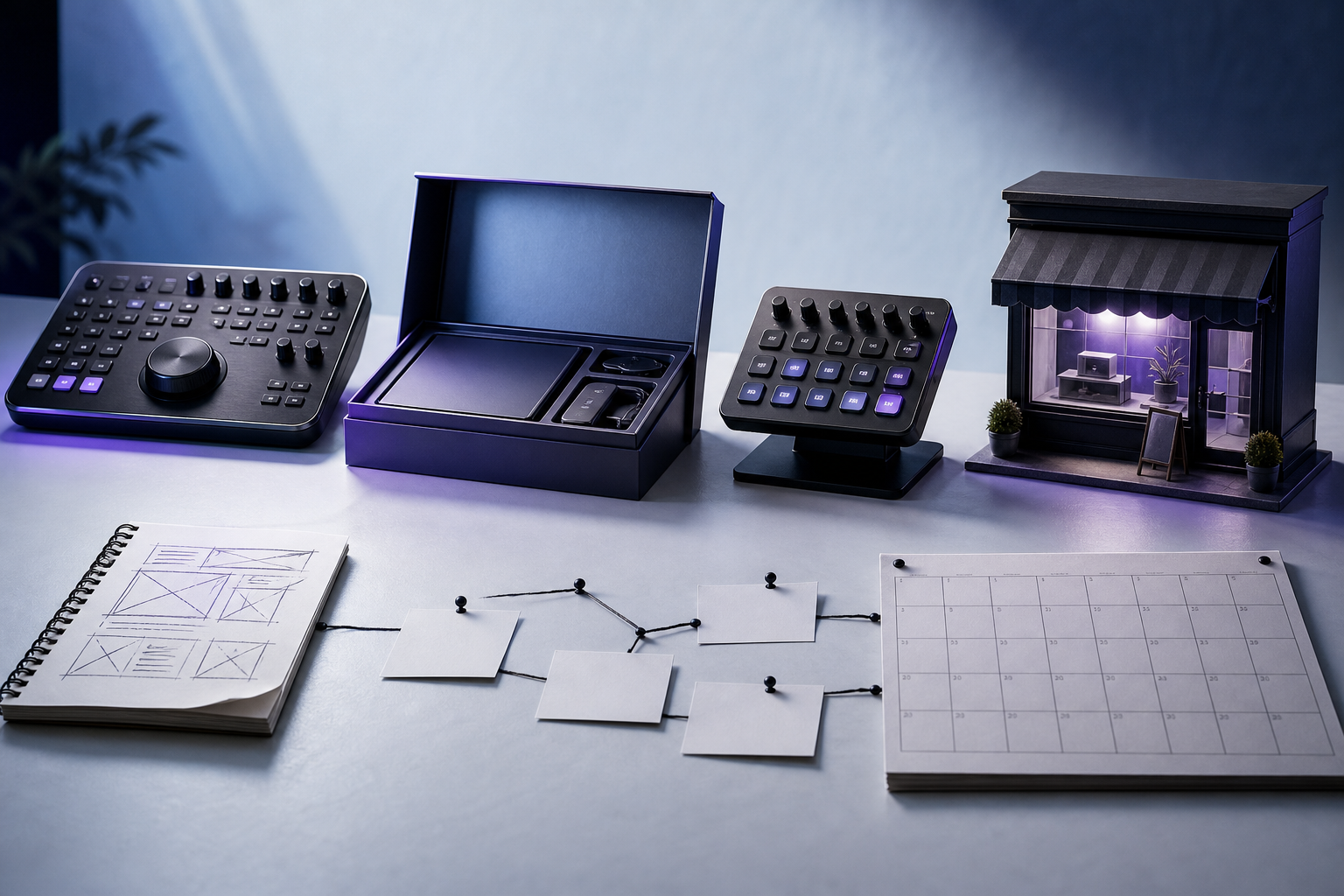 Capable editing, course, scheduling, and storefront tools wait on a worktable ahead of an unfinished manual workflow and empty production calendar.