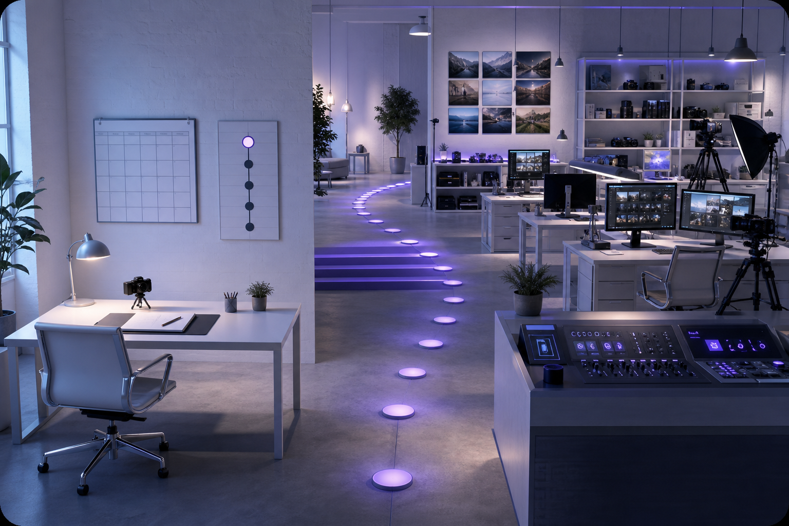 A violet pathway connects a beginner's simple first-workflow desk to a mature publishing studio with cameras, content systems, and established production stations.