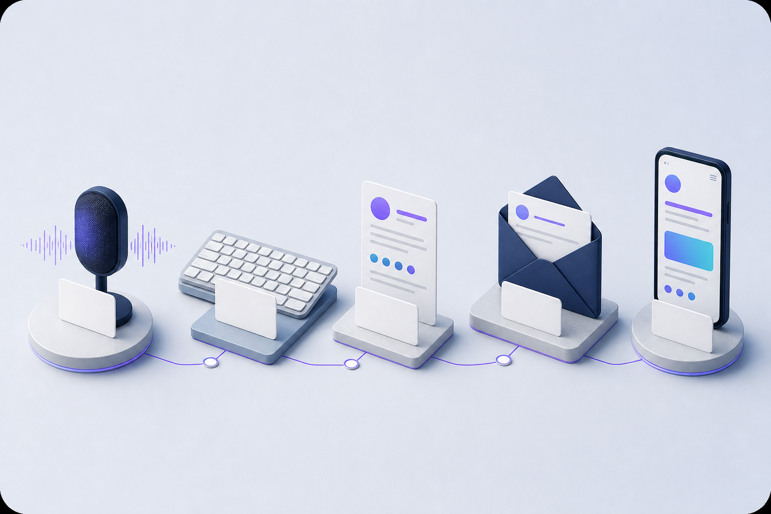 A domain-name card tested through speech, typing, social profile, branded email, and mobile website stages.