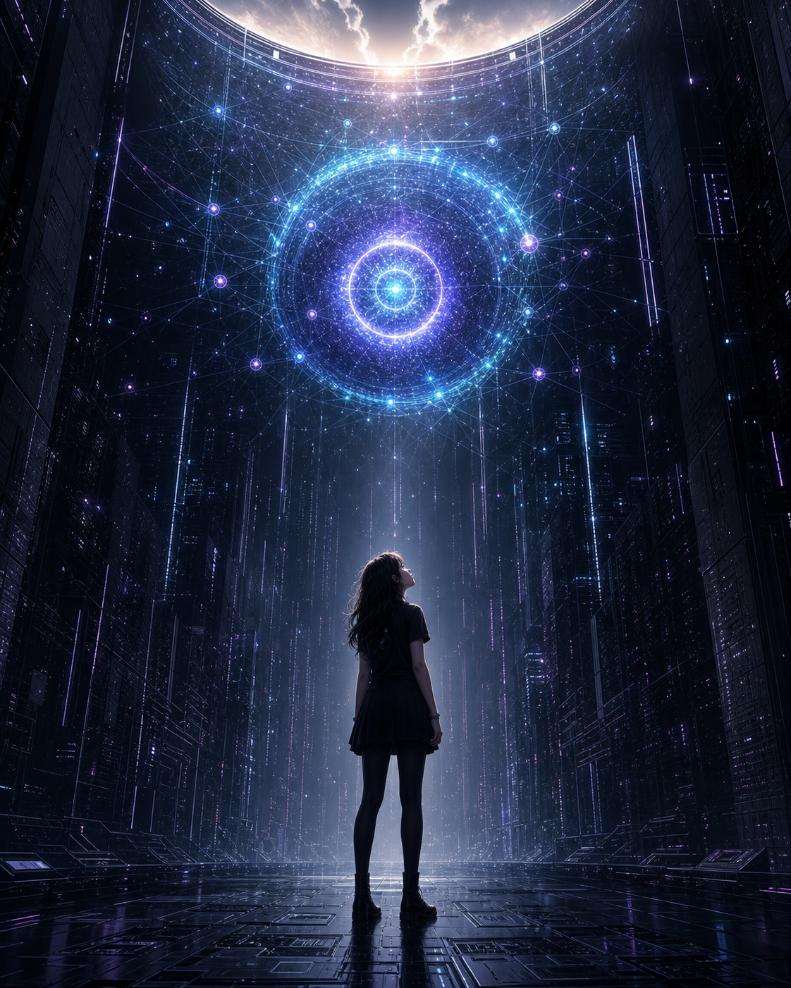 Young Cindy Lu stands inside a vast dark computer-world and looks upward toward an immense blue-violet networked intelligence and a bright opening beyond it.