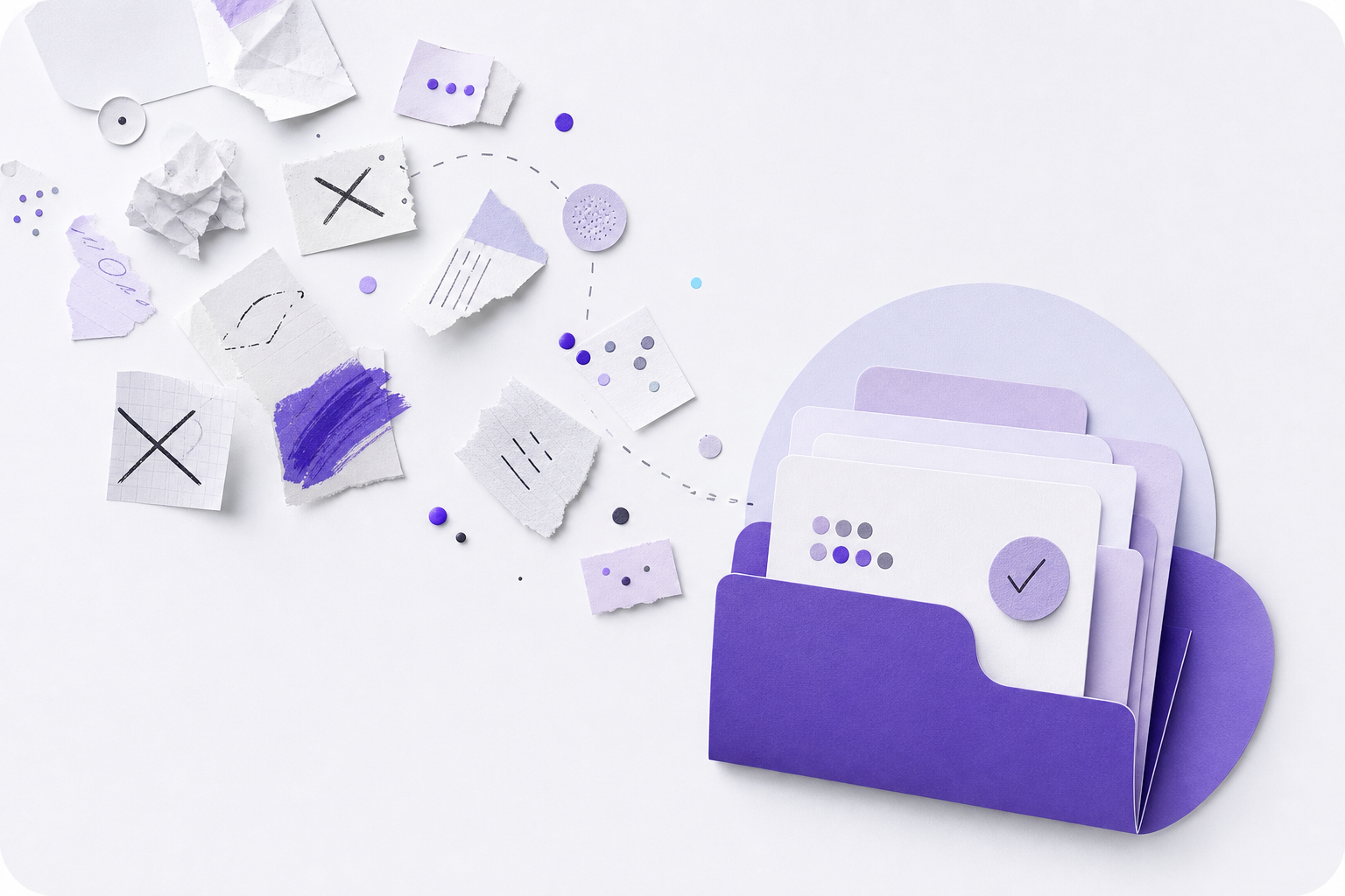 Rejected drafts and scattered data points being organized into a violet evidence file.