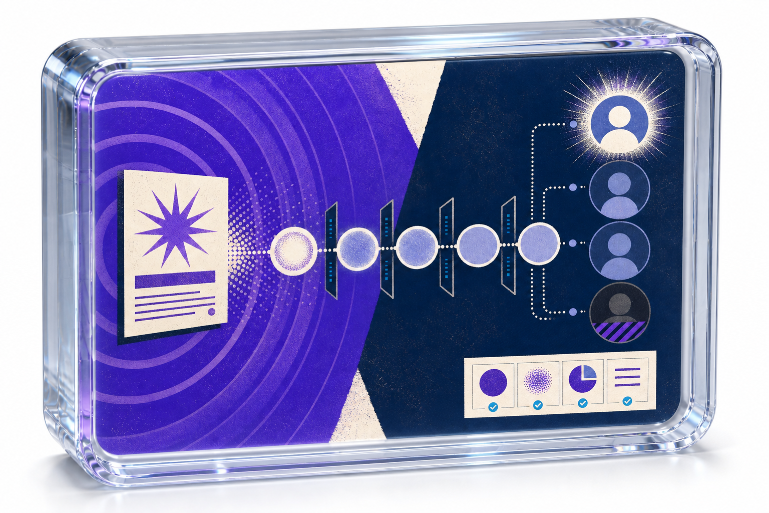 A violet and navy risograph illustration showing an announcement moving through rollout checkpoints to accounts with different access states.