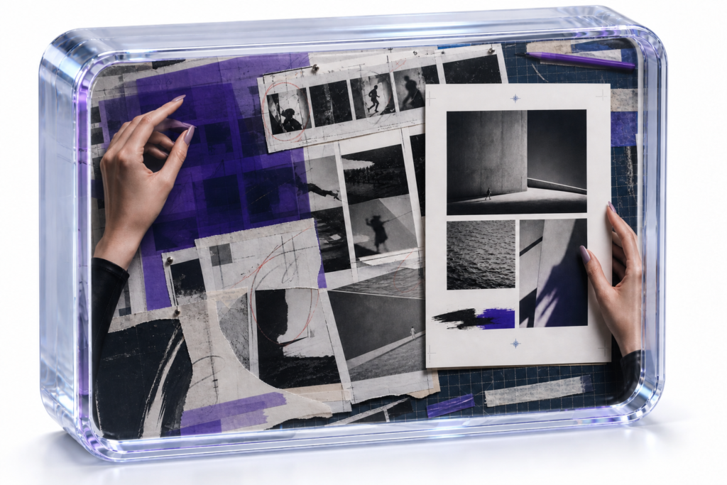 A building-in-public editorial collage with feminine hands, photographs, and layout materials embedded flush inside an angled thick clear optical-glass block.