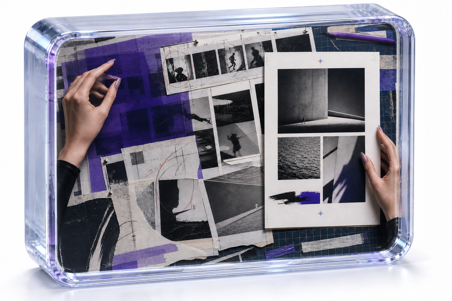 Elegant feminine hands with lavender polish edit and align marked proofs, torn paper, and violet acetate on an analog print-production table.