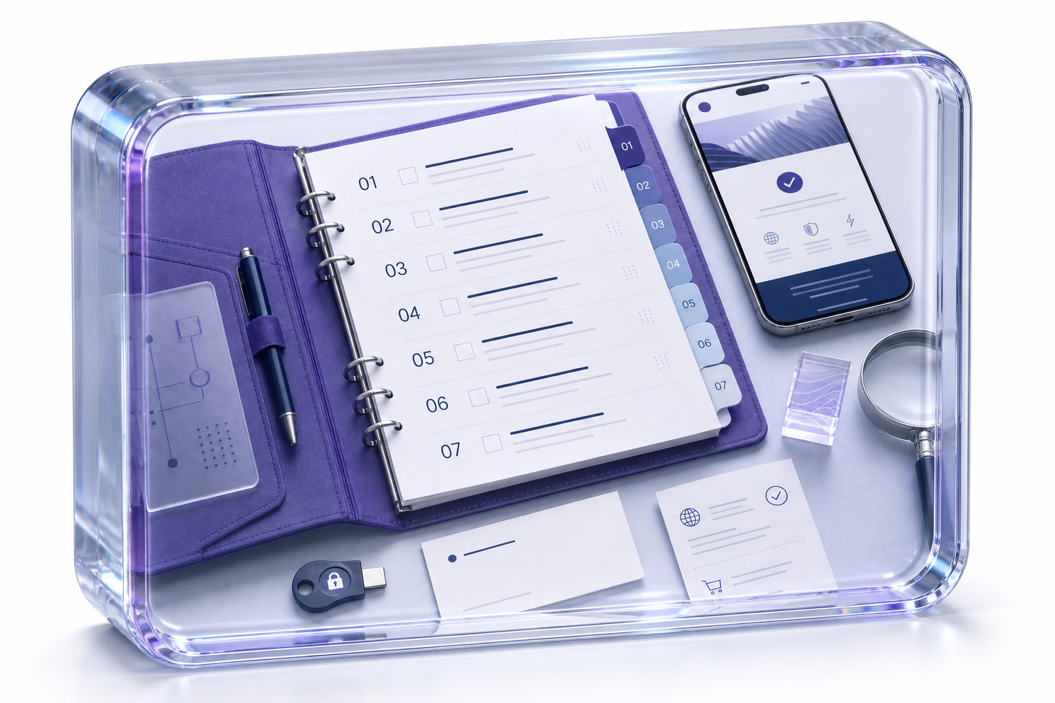 A seven-section domain decision checklist, phone, security key, and magnifying glass embedded flush inside a thick clear optical-glass block.