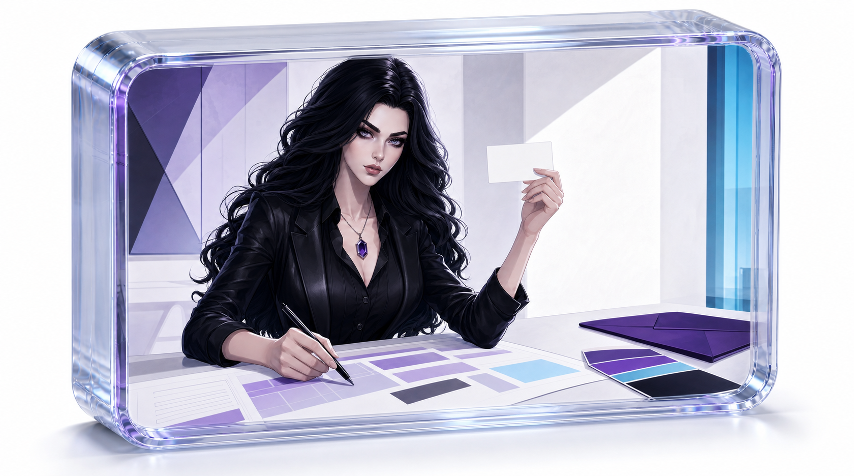 Illustrated Kate holds a blank domain card while marking a website plan at a white editorial worktable.