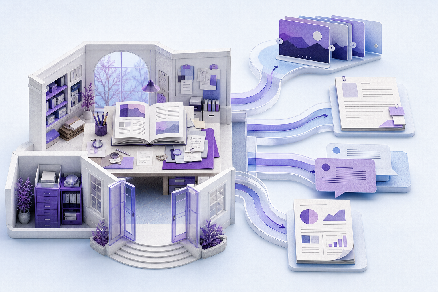 A complete article inside an open violet publishing room with separate paths carrying a carousel, business note, conversation, and infographic outward.