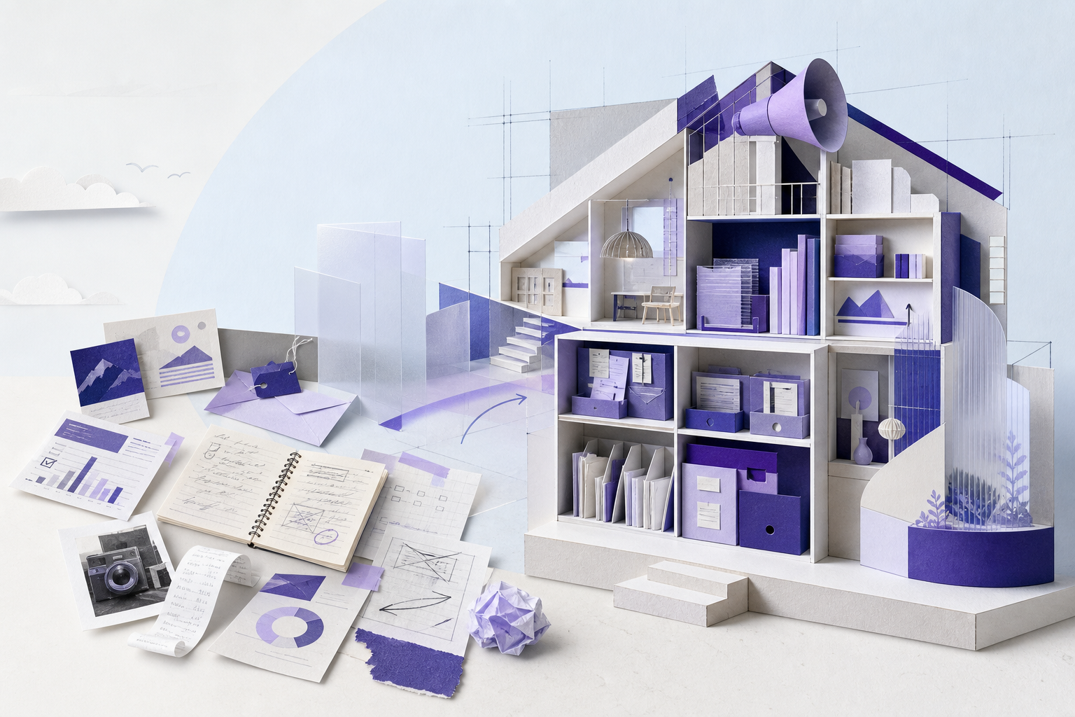 Scattered campaign notes, drafts, analytics, receipts, and media becoming an organized violet publishing house.
