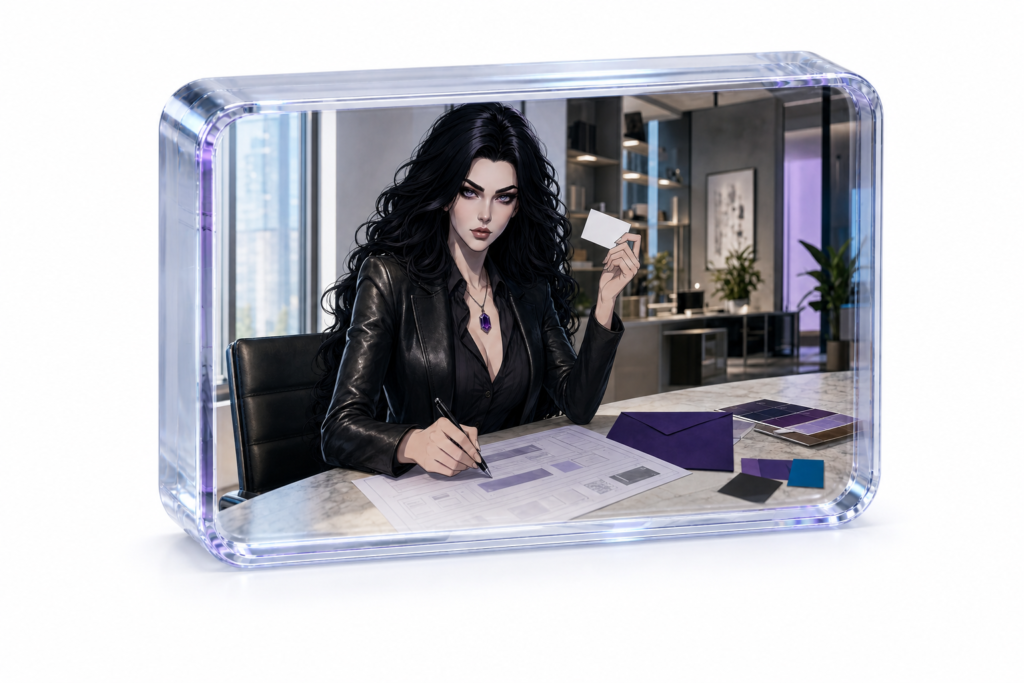 Kate works in a modern office, embedded flush inside an angled thick clear optical-glass block floating within a white field.