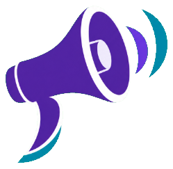 OutloudMarketer megaphone logo in violet, cyan, and white.