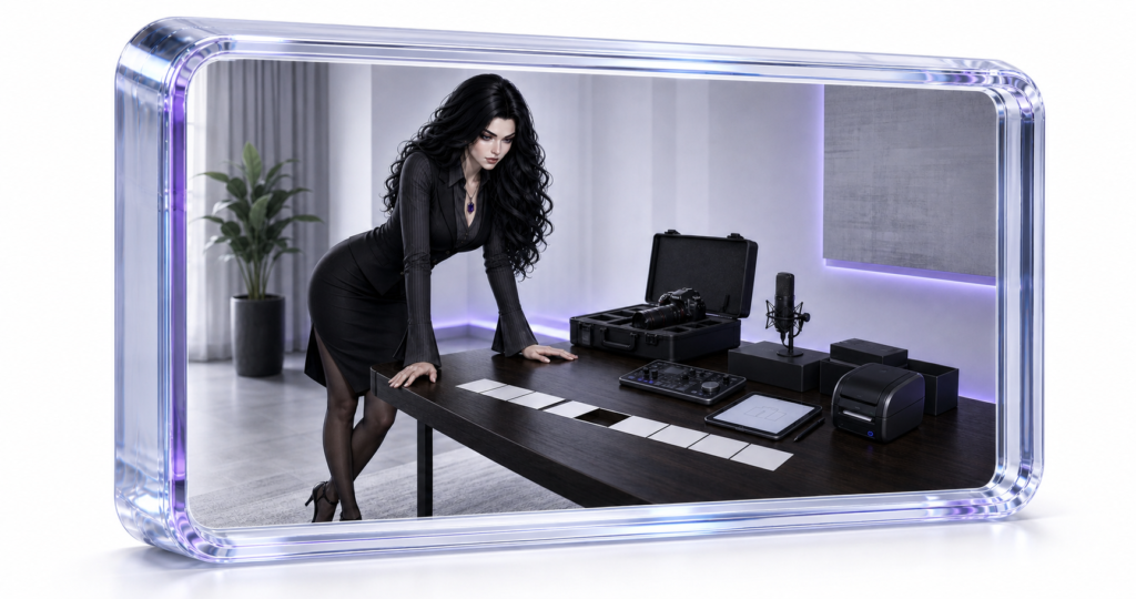 Kate evaluates creative tools at a desk, embedded flush inside an angled thick clear optical-glass block.