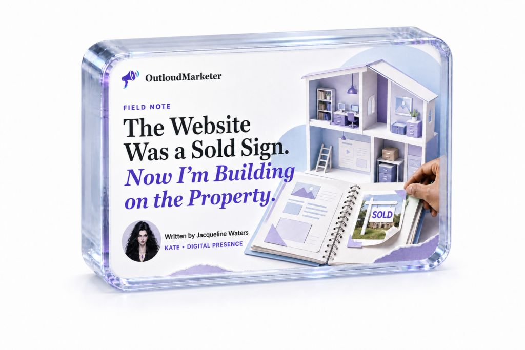 OutloudMarketer social card reading The Website Was a Sold Sign. Now I'm Building on the Property, embedded flush inside an angled thick clear optical-glass block.