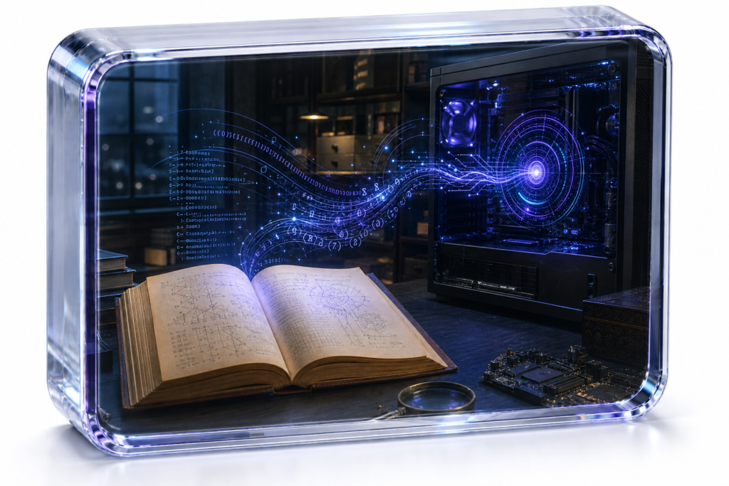 An open wizard book sending luminous code into a computer, embedded flush inside an angled thick clear optical-glass block.