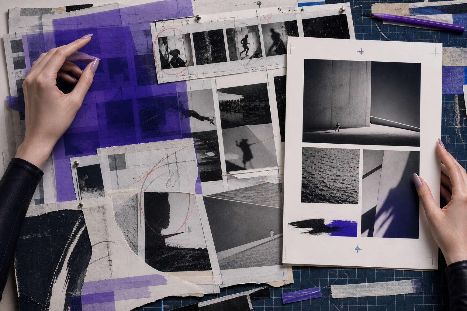 Elegant feminine hands with lavender polish edit and align marked proofs, torn paper, and violet acetate on an analog print-production table.