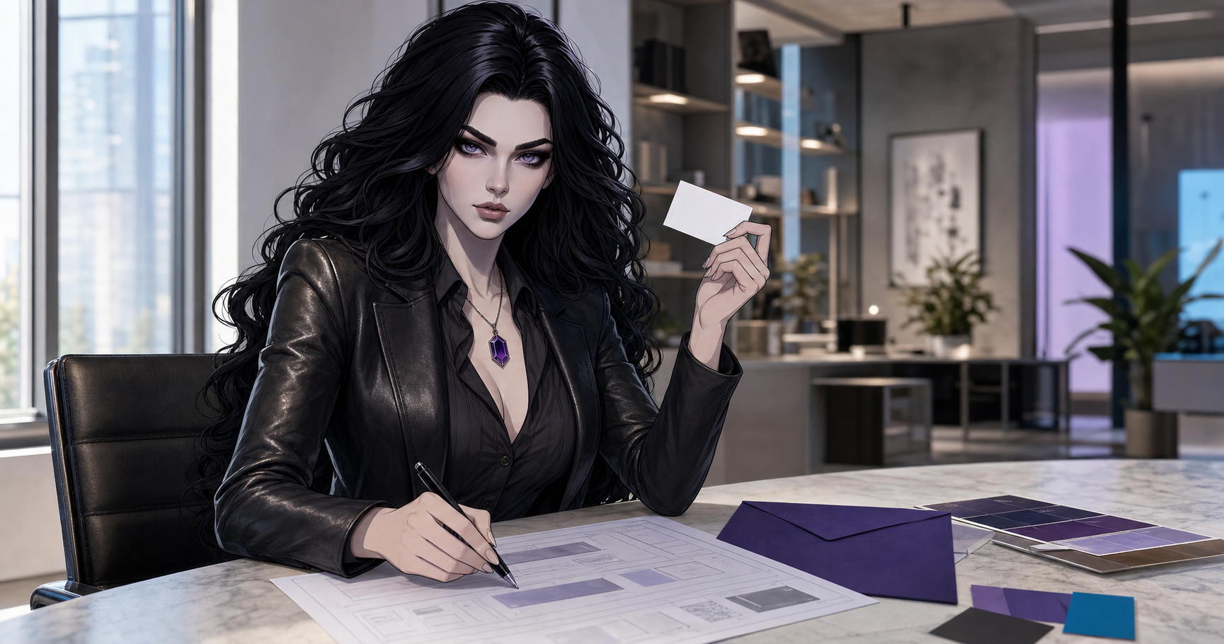 A deliberately illustrated Kate sits inside a realistic editorial office, holding a blank card above a website plan.