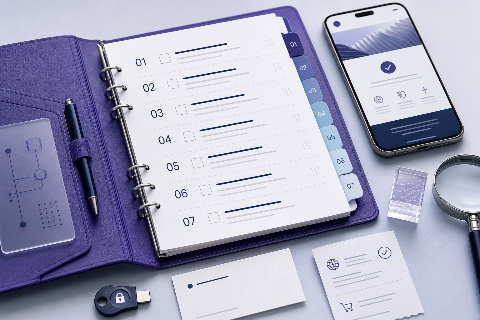 A seven-section domain decision checklist, phone, security key, and magnifying glass embedded flush inside a thick clear optical-glass block.