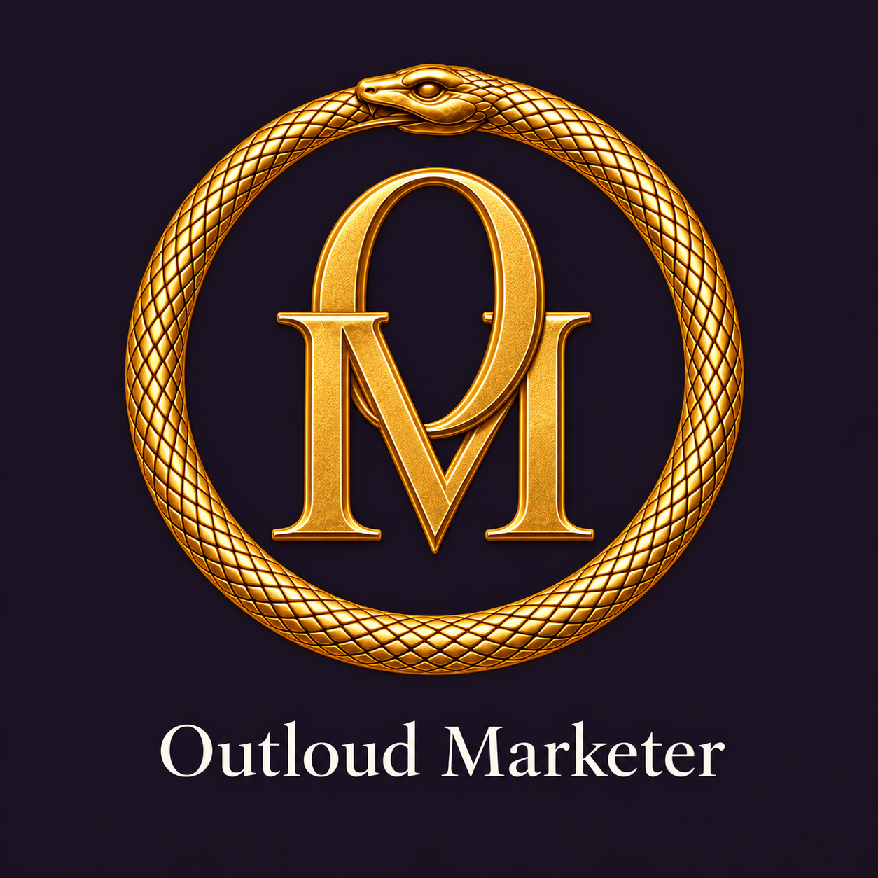 Outloud Marketer approved gold ouroboros seal with interwoven, centered O above M